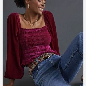 Anthropologie Magenta Pink Rose Smocked Velvet Puff Sleeve Peasant Blouse, M